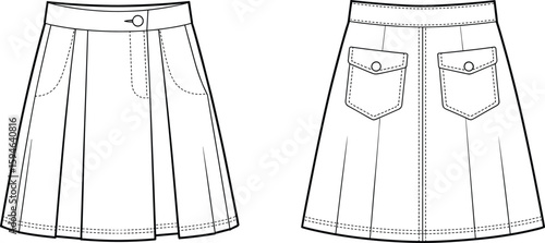 CAD Drawing Flat Vector Illustration of Stylish Pleated Skirt with Front and Back Views, Fashion Design Template, Sewing Pattern