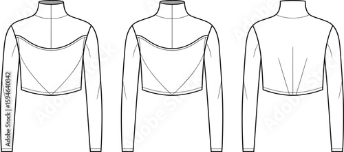 CAD drawing flat vector illustration of long sleeve crop top with high neck, front back views, fashion design template
