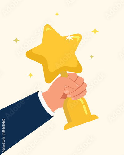 illustration of a hand holding a gold trophy cup with star shape. Winner trophy award and medal.