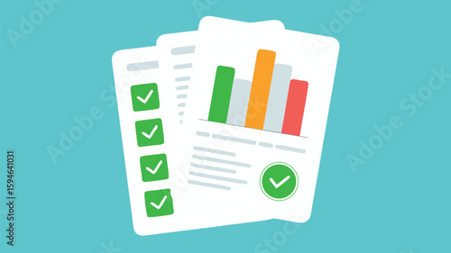 Business Reports with Checkmarks and Bar Graph on White Paper Sheets on Blue Background