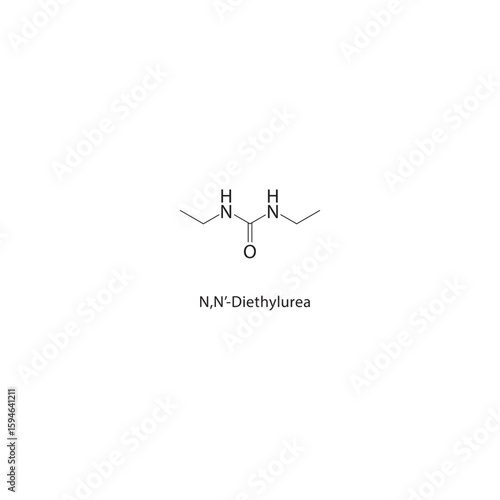N,N’-Diethylurea skeletal structure. Urea Derivative compound schematic illustration. Simple diagram, chemical formula.