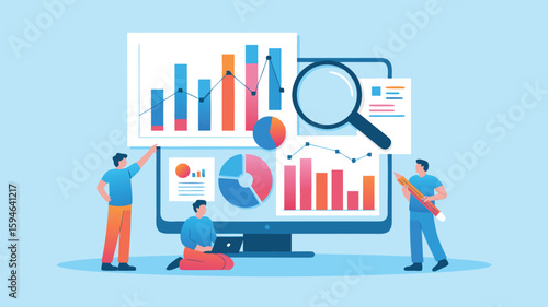 Cartoon Business Team Analyzing Charts and Data with Magnifying Glass on a Large Computer