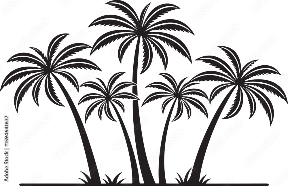 Fototapeta premium Palm Trees Silhouette: Elegant silhouettes of palm trees stand tall against a clear sky. Evoking a sense of tropical paradise and relaxation.
