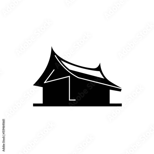 A minimalist black silhouette of a traditional Thai building with a distinctive curved roof, isolated on a clean white background.
