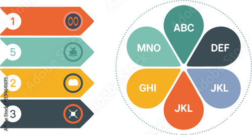 Colorful Diagram Featuring Numbered Arrows and Sectional Circle with Alphabetical Lettering Design