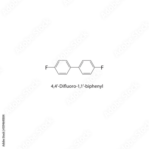 4,4’-Difluoro-1,1’-biphenyl skeletal structure. Fluorobiphenyl compound schematic illustration. Simple diagram, chemical formula.