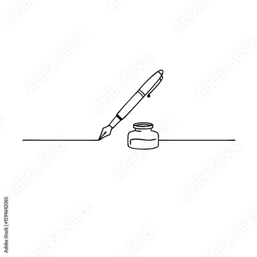 Horizontal page divider with fountain pen and ink bottle on transparent background 