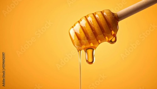 A honey dipper dripping with golden, delicious honey, on a bright yellow background