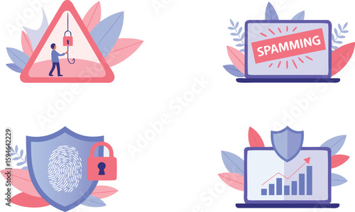 Four Security Concepts Illustrated Phishing Warning, Spamming Laptop, Fingerprint Shield, and Business Growth Protection