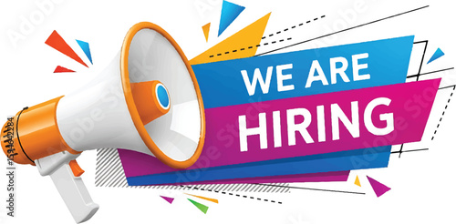 Vector art of megaphone announcing we are hiring with colorful abstract shapes