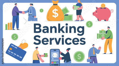 Illustration of Banking Services Handshake, Money Bag, Piggy Bank, Credit Card, Mobile Banking App