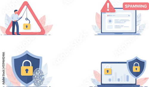 Illustrates Phishing, Spamming Threats Online Security With Lock Symbols, Fingerprints and Laptop Computers