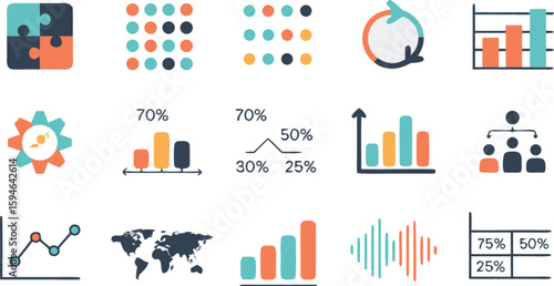 Infographic Elements Puzzle, Dots, Gear, Charts, World Map, Sound Waves, and Percentage Table Illustration