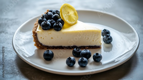 Slice of creamy cheesecake topped with blueberries and a lemon slice, served on a white plate