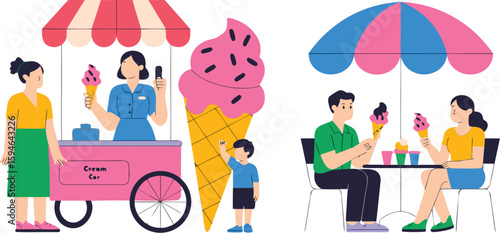 People Enjoying Ice Cream at a Cart and Table Under an Umbrella Illustration