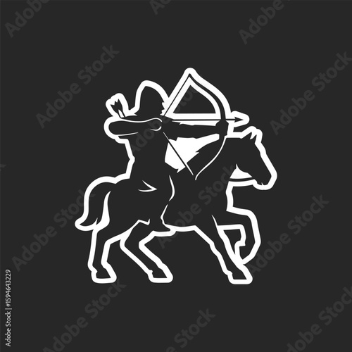 White horseback archer knight silhouette logo on black background, generative ai