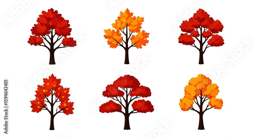 Collection of stylized autumn trees with red and orange foliage