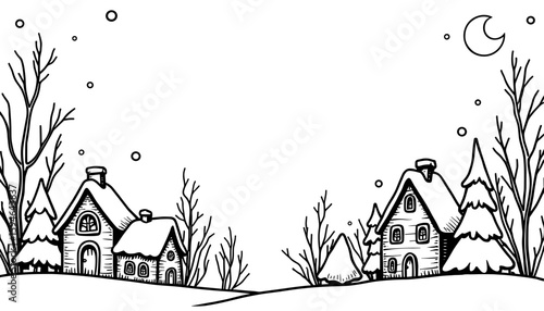 Abstract Christmas frame with snow-covered village – festive coloring design, kids activity