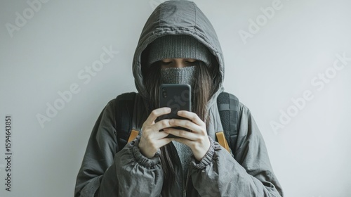 Young Person in Hooded Jacket Intently Engaging with Smartphone Against Minimalist Background