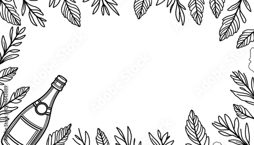 Champagne bottle New Year frame design – Kids coloring book page, festive fun