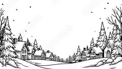 Abstract winter village frame for kids coloring book, black and white design