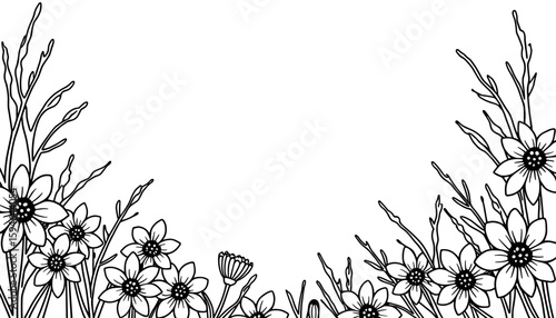 Abstract winter frame with frozen flowers – Kids coloring book design, black and white