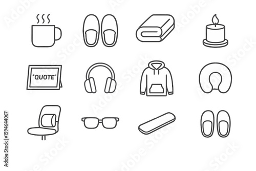 Cozy home essentials: blanket, mug, slippers, candle, headphones, hoodie