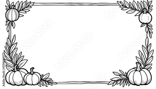 Thanksgiving frame with pumpkins and leaves, festive black and white coloring