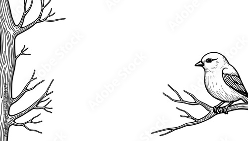 Bird on snowy branch – Abstract winter coloring page design, kids activity