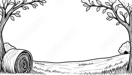 Abstract autumn frame with hay bale background, kids coloring book design