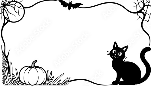 Halloween frame with black cat and pumpkin – Cute coloring design for kids