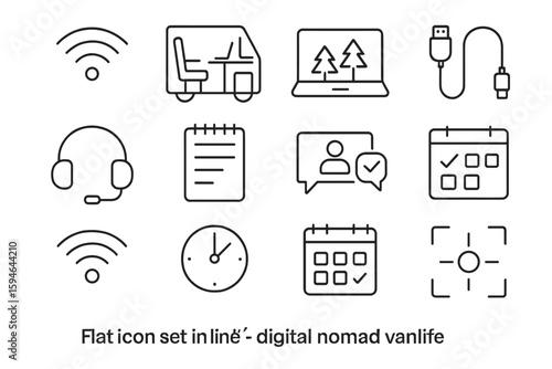 Flat icon set for digital nomad vanlife essentials and connectivity