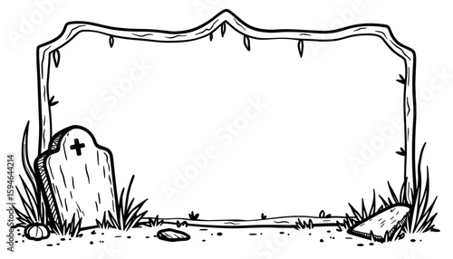 Halloween frame with broken tombstone – Cute kids coloring illustration