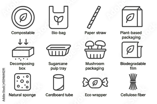 Eco-friendly packaging icons: compostable bags, straws, trays, and more