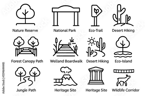 Illustrated pictograms for nature sites and eco-friendly activities