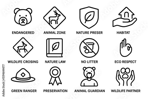 Nature conservation icons: wildlife, habitat, preservation, eco respect, endangered