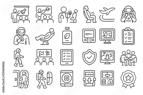 Travel and space icons: travel, aviation, astronaut, packing, security