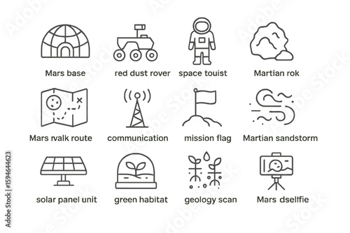 Mars expedition icons: rover, habitat, astronaut, sandstorm, solar panel, flag