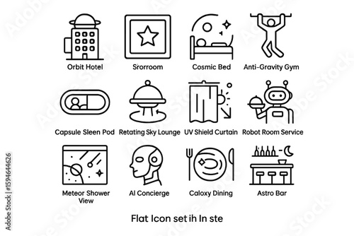 Space-themed hotel icon set featuring futuristic amenities and services