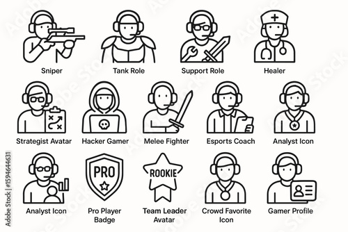Gaming avatars and roles icons for esports and strategy game profiles
