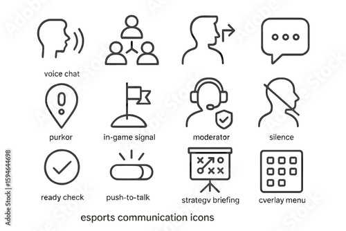 Esports communication icons set with voice chat and strategy symbols