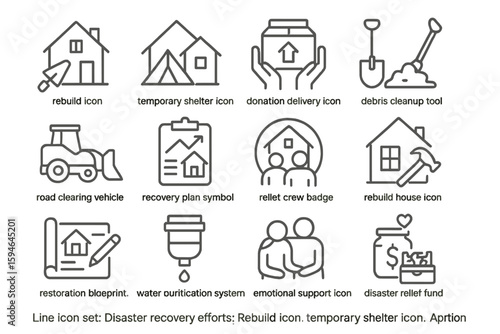 Line icons for disaster recovery efforts with house and tools
