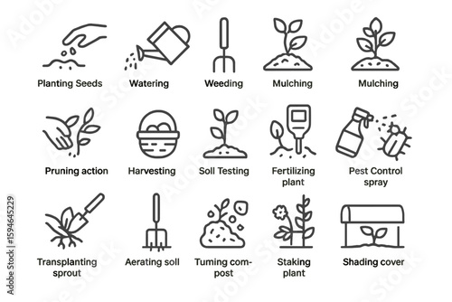 Gardening techniques and tools icons for effective plant care