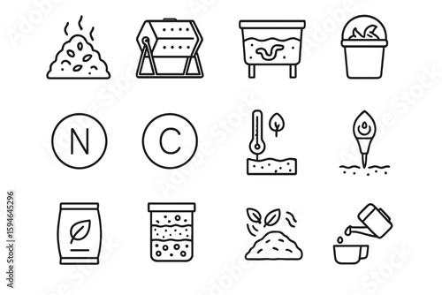 Composting icons set: bin, worms, gardening tools, organic waste symbol