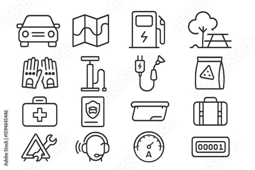 Car maintenance and travel essentials icons in gray background