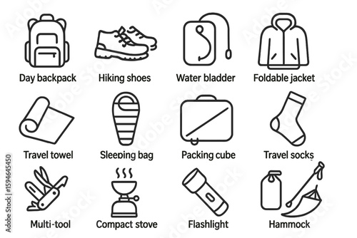 Outdoor gear icons: backpack, hiking shoes, water bladder, sleeping bag, hammock