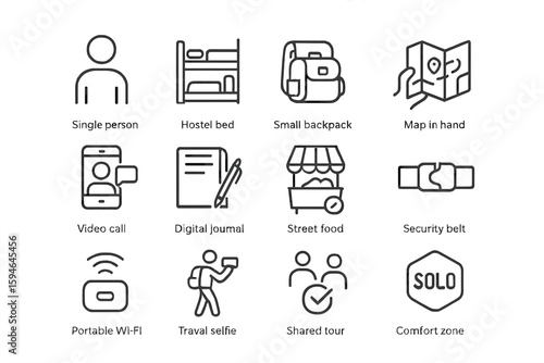 Travel icons including backpack, hostel bed, map, and street food