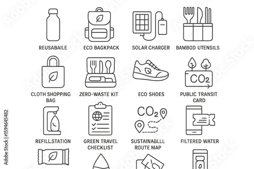 Eco-friendly icons: reusable items, solar charger, bamboo utensils, sustainability