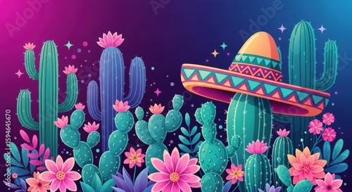 Vibrant Desert Fiesta with Blooming Cacti and Festive Sombrero