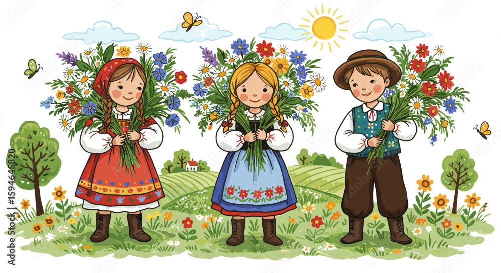 Naklejka premium Charming children's folk art with flowers and nature in a vintage style